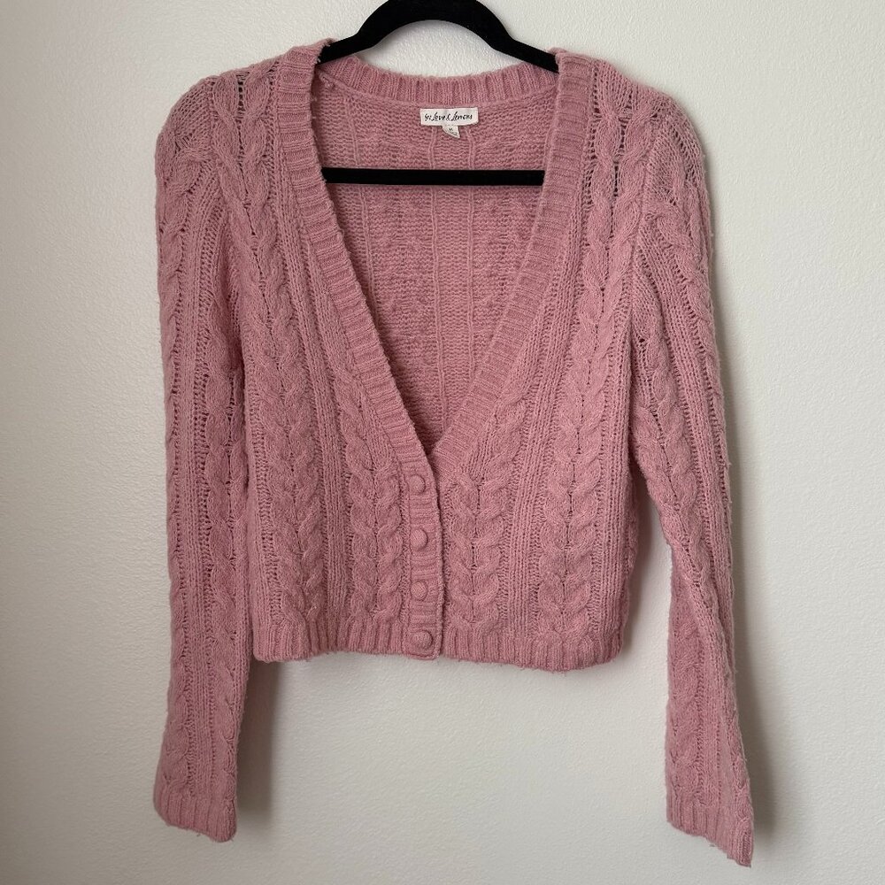 For Love & Lemons Billie Crop Cable Knit Cardigan Pink M
